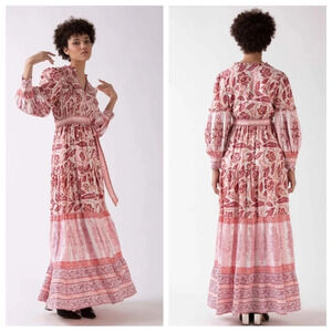 Ash & Eden Idika Pintuck Maxi Umbrella Dress Pink Chink Sz S Block Print Roman